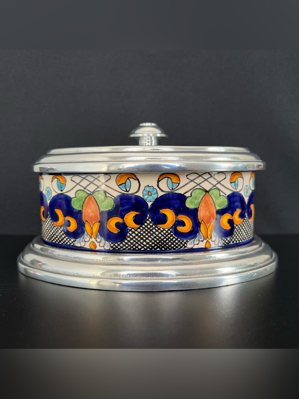 Vintage Hand-Painted Mexico Art Pottery & Cast Metal Lidded Container Talavera